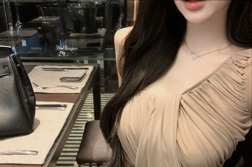 Long-Sleeve Asymmetrical Blouse Plain Ruched Off-Shoulder Neck