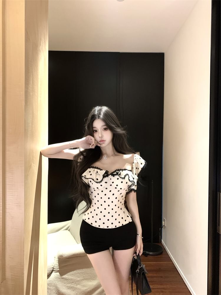 Slim Tank Dotted Top Lace Maxi Sheath Ruffle Cap-Sleeve / Fit Dress Trim