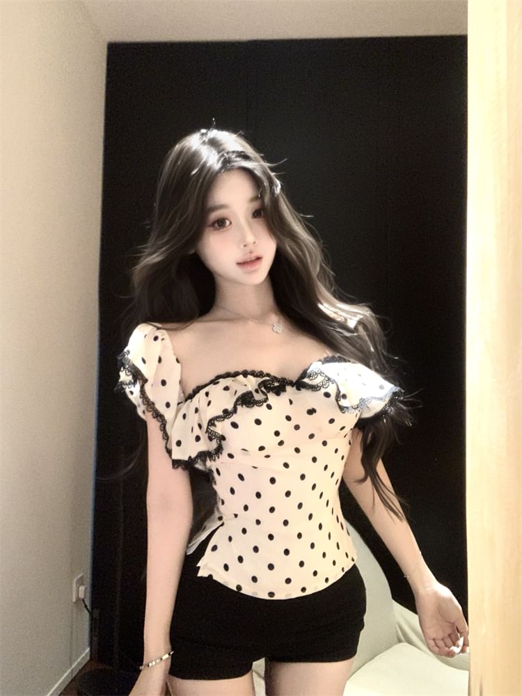 Slim Tank Dotted Top Lace Maxi Sheath Ruffle Cap-Sleeve / Fit Dress Trim