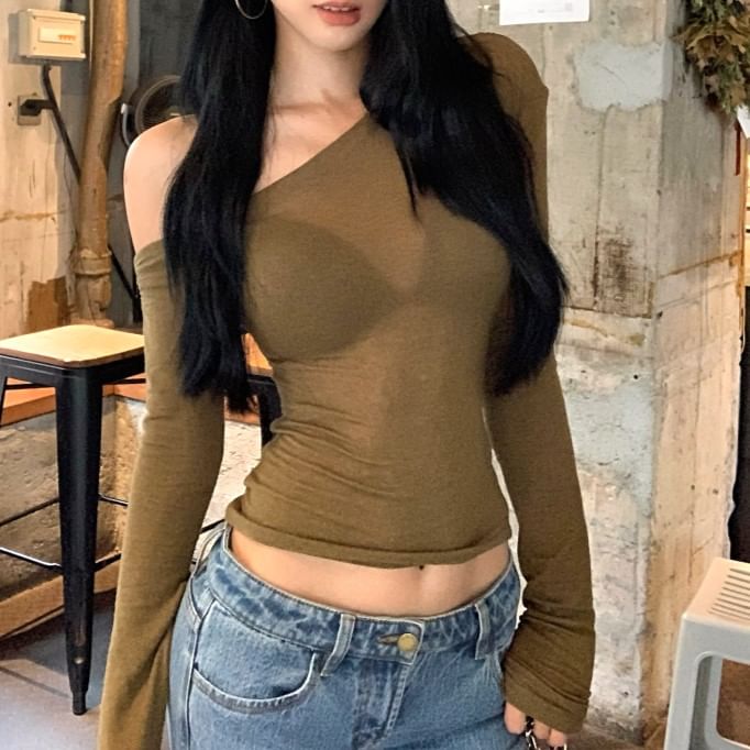 Fit Slim T-Shirt Plain Asymmetrical One-Shoulder Neck Long-Sleeve Crop