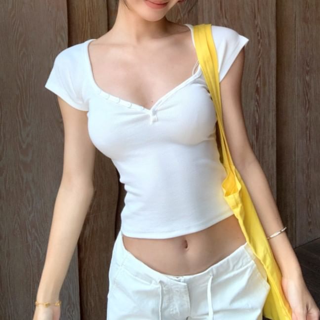 Crop Short-Sleeve Slim T-Shirt Ruched Plain Fit