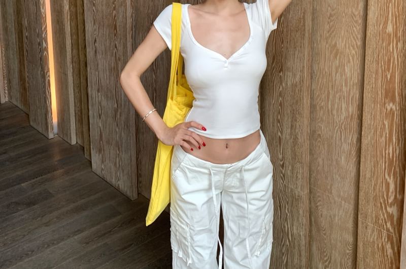 Crop Short-Sleeve Slim T-Shirt Ruched Plain Fit