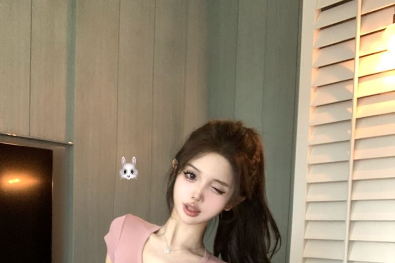 T-Shirt V-Neck Fit Crop Short-Sleeve Plain Slim