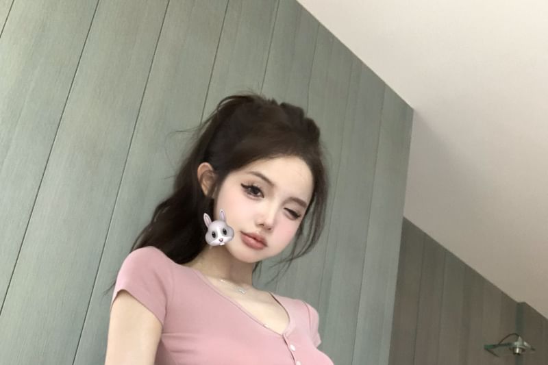 T-Shirt V-Neck Fit Crop Short-Sleeve Plain Slim