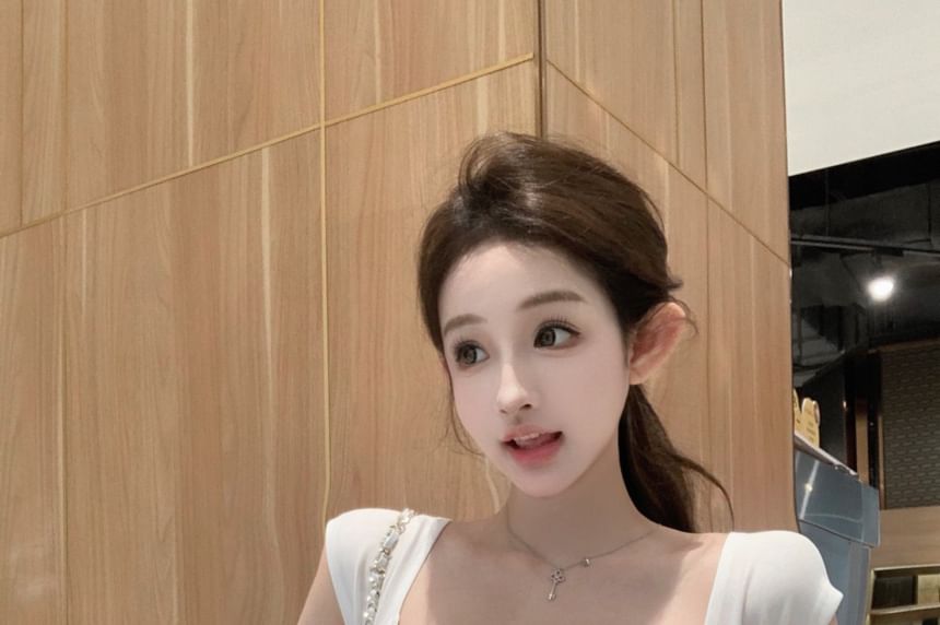 Short-Sleeve / Loose Drawstring Striped Trim Off-Shoulder Crop Pants Waist Tee Plain Fit