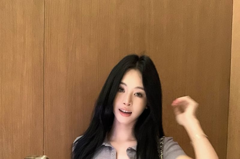 Waist Pants / Tee Hot High Plain Short-Sleeve Half-Buttoned Collared Slim Fit