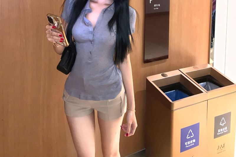 Waist Pants / Tee Hot High Plain Short-Sleeve Half-Buttoned Collared Slim Fit