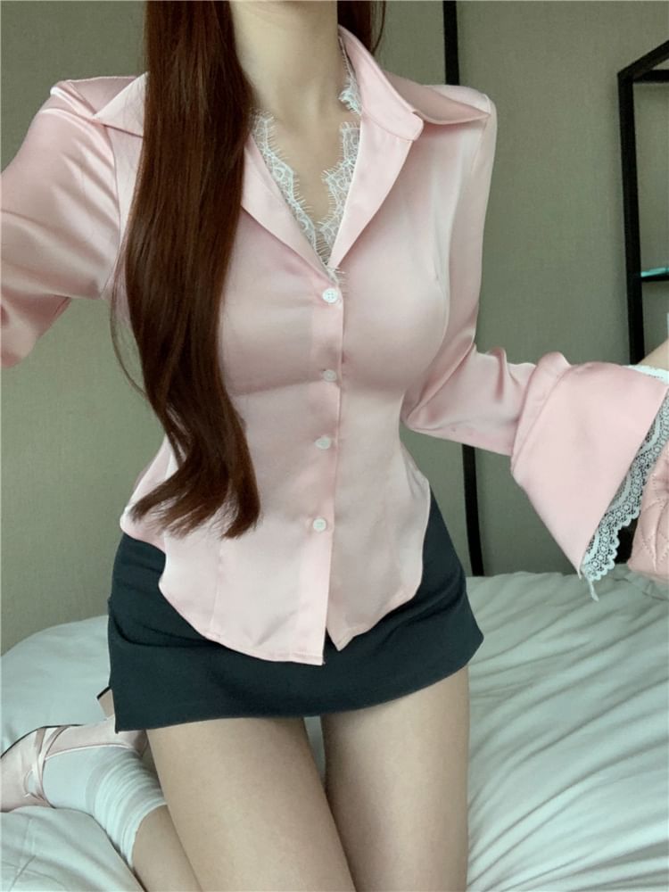 Lace Rise Trim / Pencil Collared Plain Mini Blouse Skirt High Button-Up Long-Sleeve