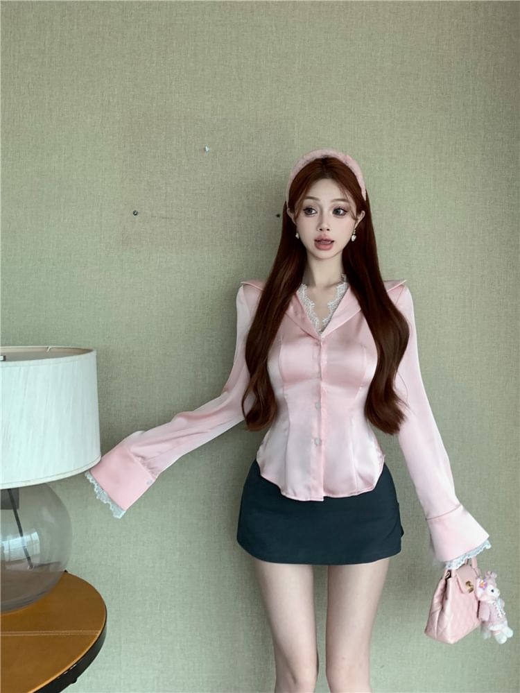 Lace Rise Trim / Pencil Collared Plain Mini Blouse Skirt High Button-Up Long-Sleeve