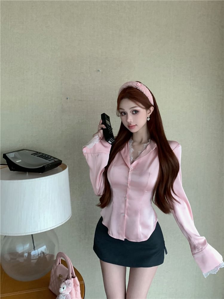 Lace Rise Trim / Pencil Collared Plain Mini Blouse Skirt High Button-Up Long-Sleeve