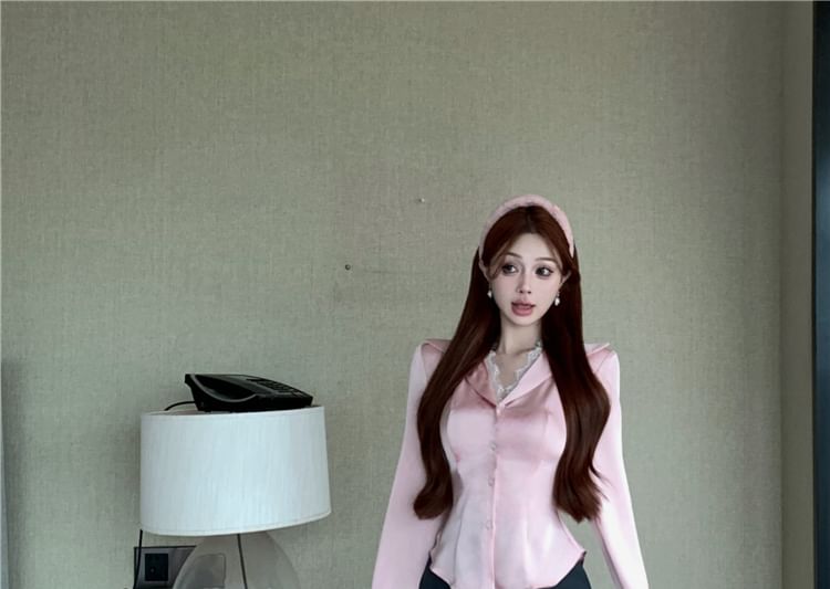 Lace Rise Trim / Pencil Collared Plain Mini Blouse Skirt High Button-Up Long-Sleeve