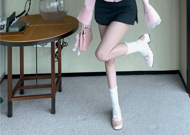 Lace Rise Trim / Pencil Collared Plain Mini Blouse Skirt High Button-Up Long-Sleeve