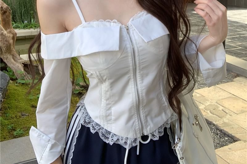 Pants Crop Long-Sleeve Blouse Trim Fit Waist Drawstring Striped Zip-Up Shoulder Cold Loose / Lace