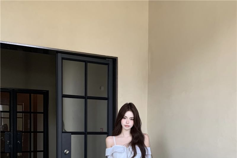 Pants Crop Long-Sleeve Blouse Trim Fit Waist Drawstring Striped Zip-Up Shoulder Cold Loose / Lace