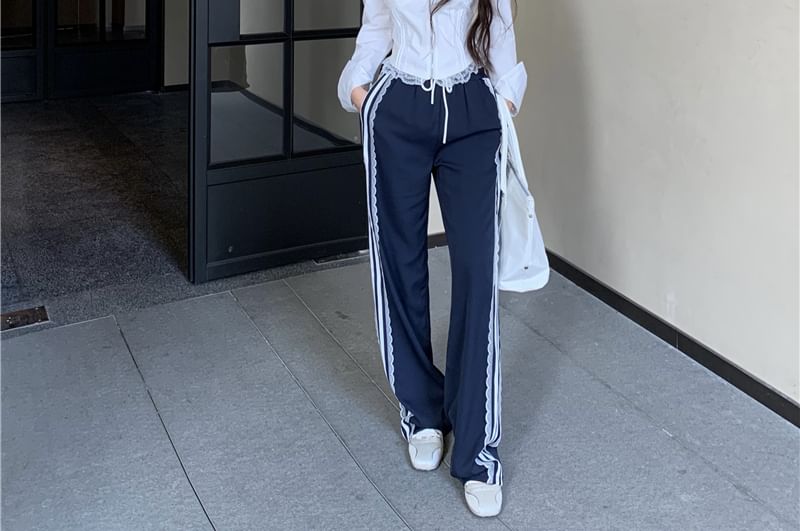 Pants Crop Long-Sleeve Blouse Trim Fit Waist Drawstring Striped Zip-Up Shoulder Cold Loose / Lace