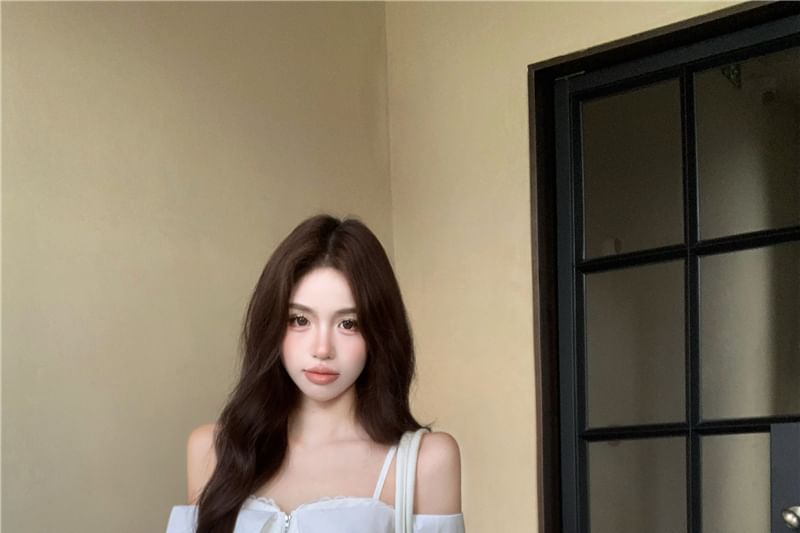 Pants Crop Long-Sleeve Blouse Trim Fit Waist Drawstring Striped Zip-Up Shoulder Cold Loose / Lace