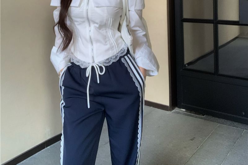 Pants Crop Long-Sleeve Blouse Trim Fit Waist Drawstring Striped Zip-Up Shoulder Cold Loose / Lace