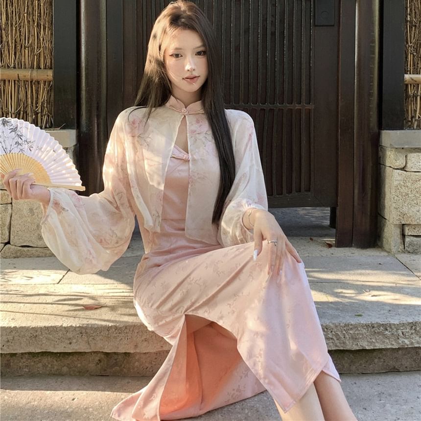 Jacquard Jacket Strap Maxi Mandarin Frog Closure Floral Slit V-Neck Light / Sheath Dress Spaghetti Collar Print