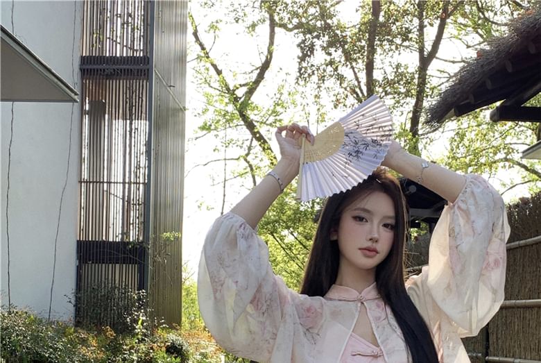 Jacquard Jacket Strap Maxi Mandarin Frog Closure Floral Slit V-Neck Light / Sheath Dress Spaghetti Collar Print