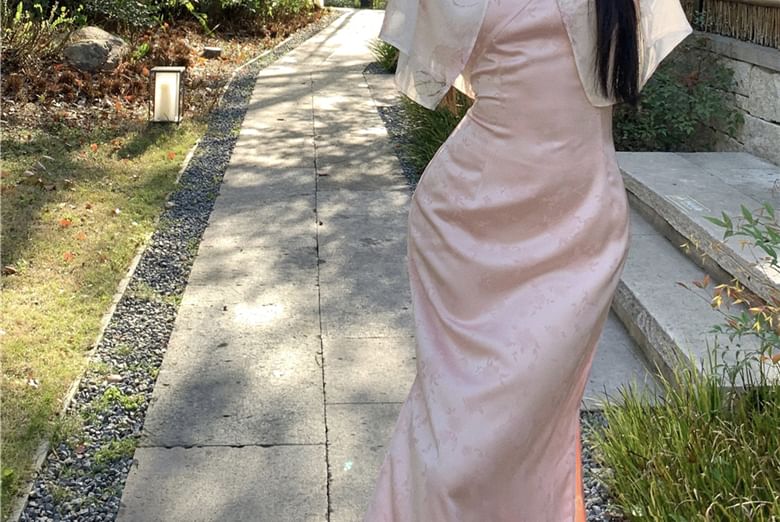 Jacquard Jacket Strap Maxi Mandarin Frog Closure Floral Slit V-Neck Light / Sheath Dress Spaghetti Collar Print