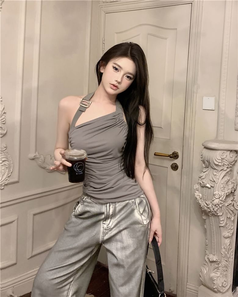 Waist / High Asymmetrical Buckled Leg Neck Top Wide Back Halter Ruched Jeans Washed Plain Open