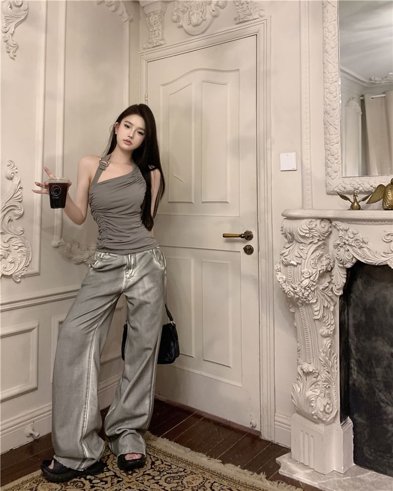 Waist / High Asymmetrical Buckled Leg Neck Top Wide Back Halter Ruched Jeans Washed Plain Open