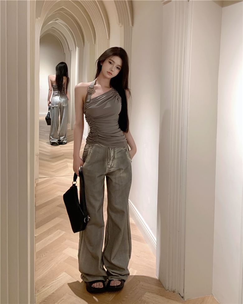 Waist / High Asymmetrical Buckled Leg Neck Top Wide Back Halter Ruched Jeans Washed Plain Open