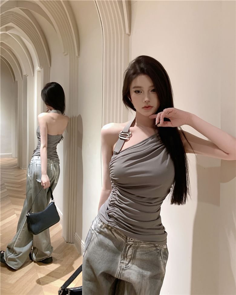 Waist / High Asymmetrical Buckled Leg Neck Top Wide Back Halter Ruched Jeans Washed Plain Open