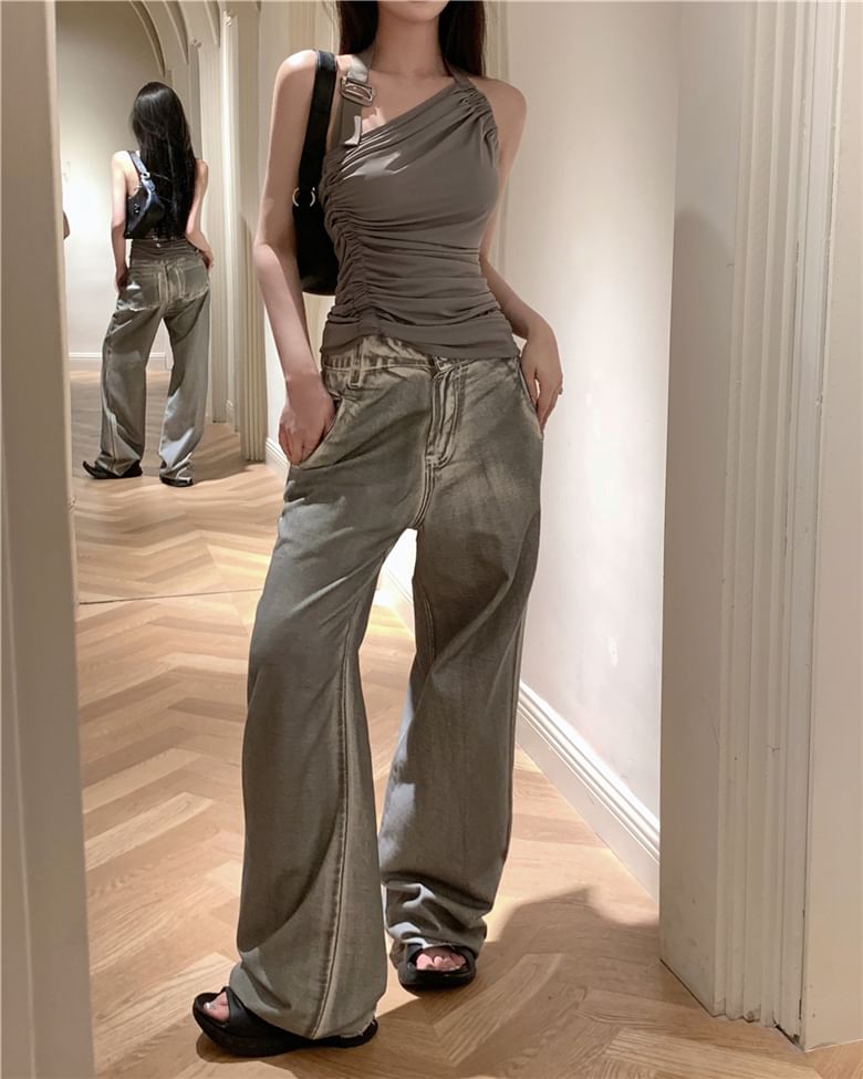 Waist / High Asymmetrical Buckled Leg Neck Top Wide Back Halter Ruched Jeans Washed Plain Open