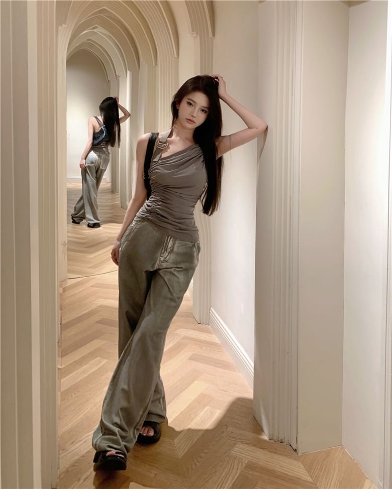 Waist / High Asymmetrical Buckled Leg Neck Top Wide Back Halter Ruched Jeans Washed Plain Open