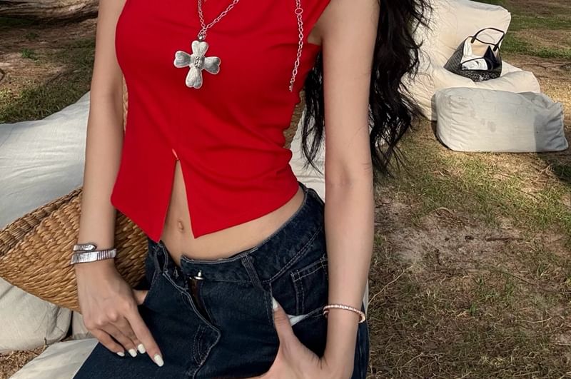 Plain Zipped Crop Sleeveless Slit Fit Top Collared Slim