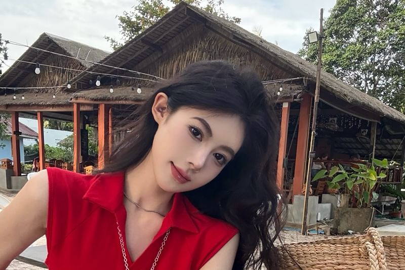 Plain Zipped Crop Sleeveless Slit Fit Top Collared Slim