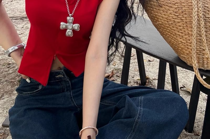 Plain Zipped Crop Sleeveless Slit Fit Top Collared Slim