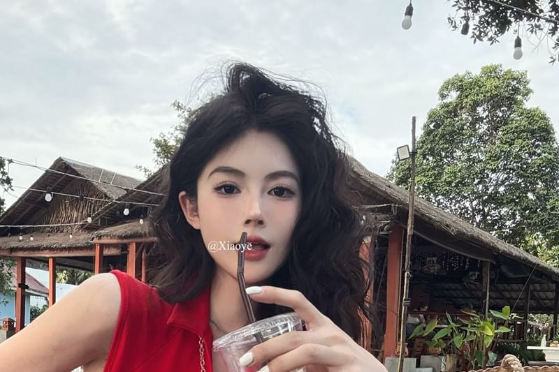 Plain Zipped Crop Sleeveless Slit Fit Top Collared Slim