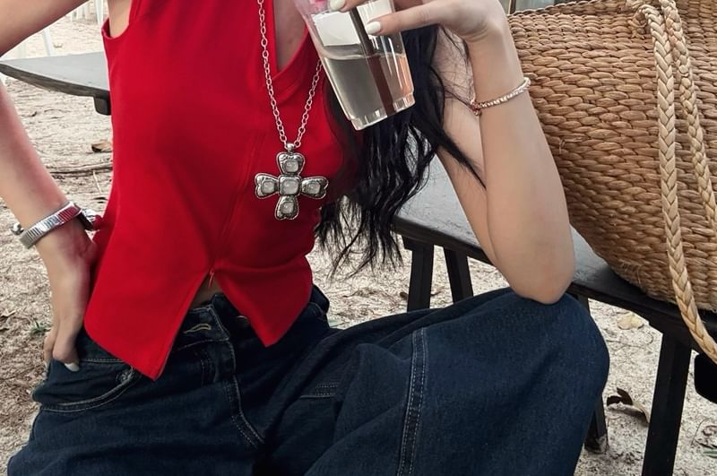 Plain Zipped Crop Sleeveless Slit Fit Top Collared Slim