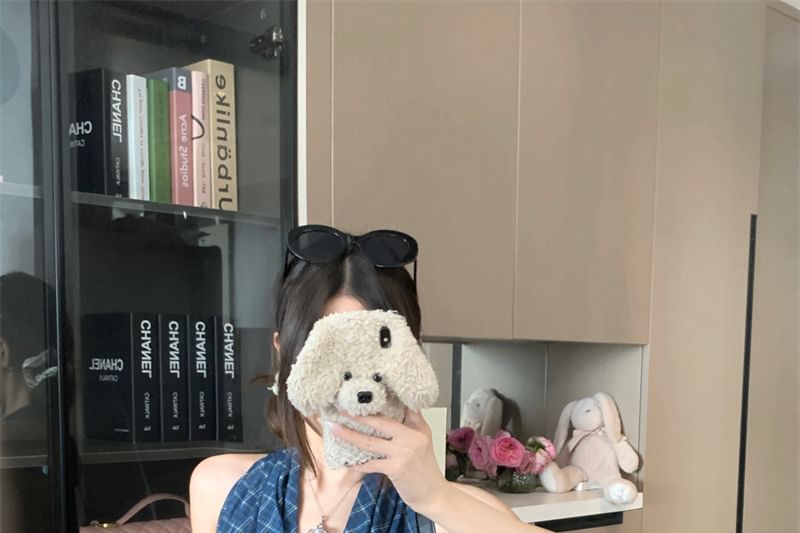 Crop Neck Plaid Back Cowl Open Panel Halter Top