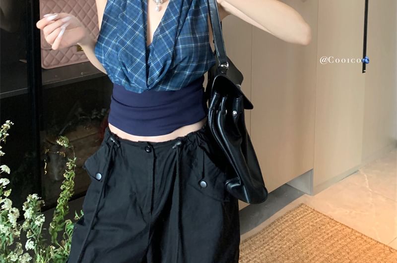 Crop Neck Plaid Back Cowl Open Panel Halter Top