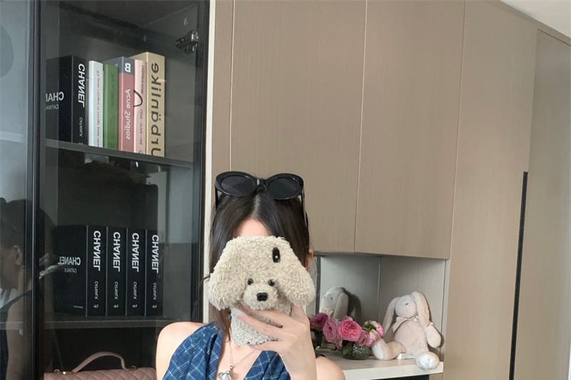 Crop Neck Plaid Back Cowl Open Panel Halter Top