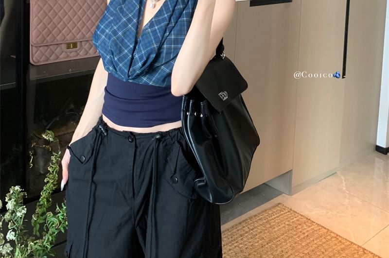 Crop Neck Plaid Back Cowl Open Panel Halter Top