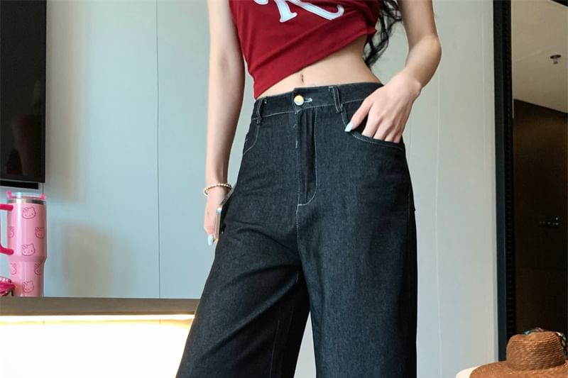 Denim Wide Top Lettering Leg Tube High Crop Shawl Rise / Plain Jeans Print Panel