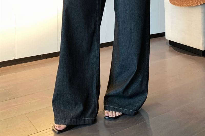 Denim Wide Top Lettering Leg Tube High Crop Shawl Rise / Plain Jeans Print Panel