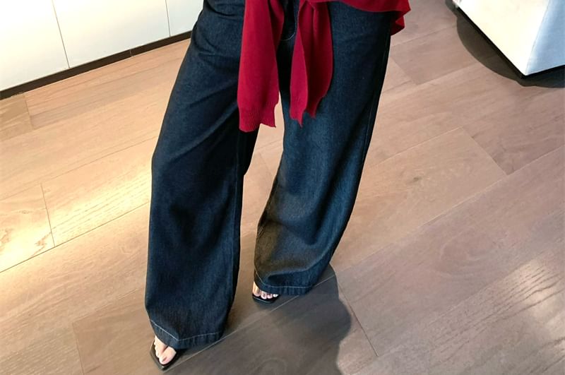 Denim Wide Top Lettering Leg Tube High Crop Shawl Rise / Plain Jeans Print Panel