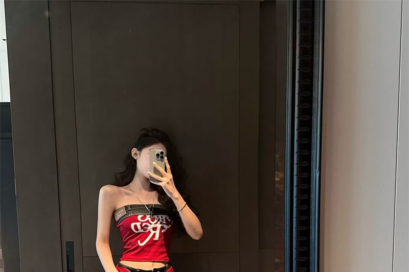 Denim Wide Top Lettering Leg Tube High Crop Shawl Rise / Plain Jeans Print Panel