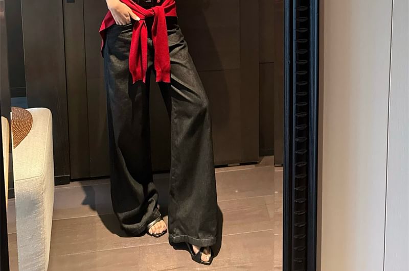 Denim Wide Top Lettering Leg Tube High Crop Shawl Rise / Plain Jeans Print Panel