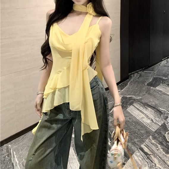 Set: Camisole Plain + Scarf Asymmetrical Hem Ruffle Crop Top V-Neck