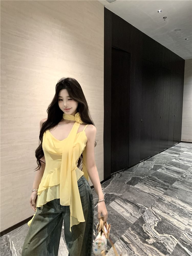 Set: Camisole Plain + Scarf Asymmetrical Hem Ruffle Crop Top V-Neck
