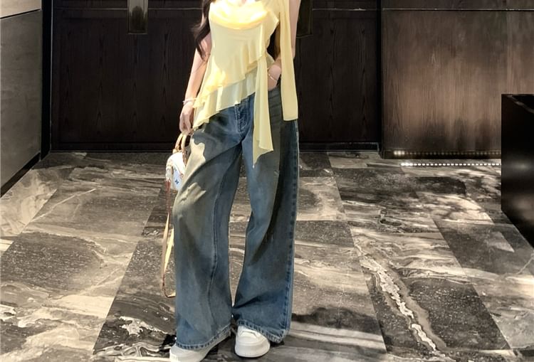 Set: Camisole Plain + Scarf Asymmetrical Hem Ruffle Crop Top V-Neck