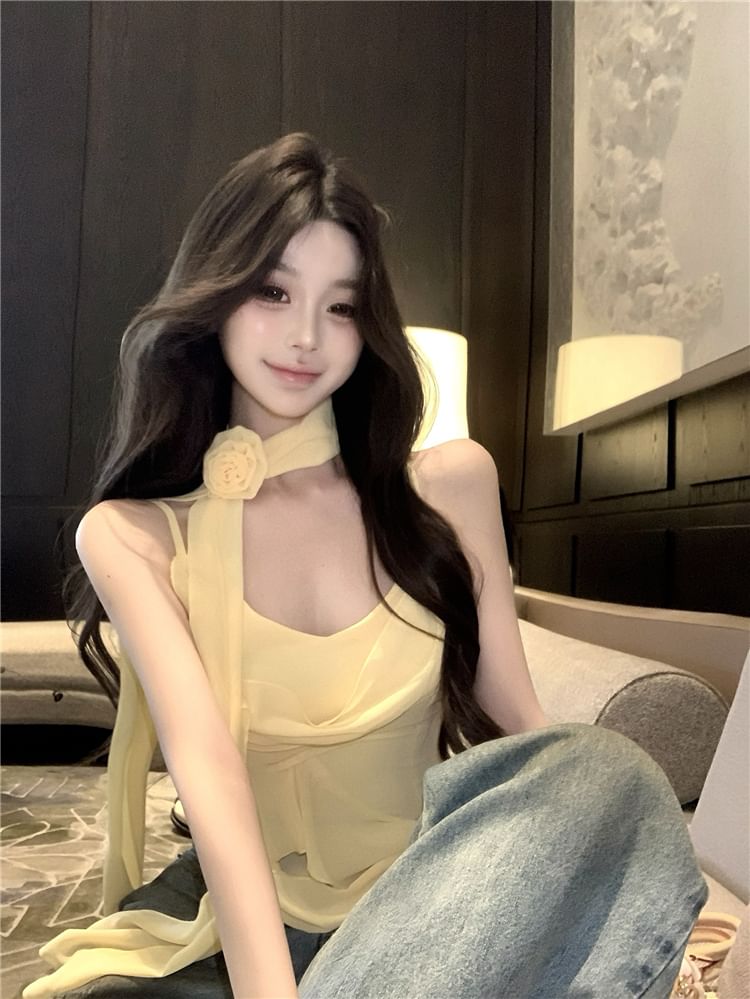 Set: Camisole Plain + Scarf Asymmetrical Hem Ruffle Crop Top V-Neck