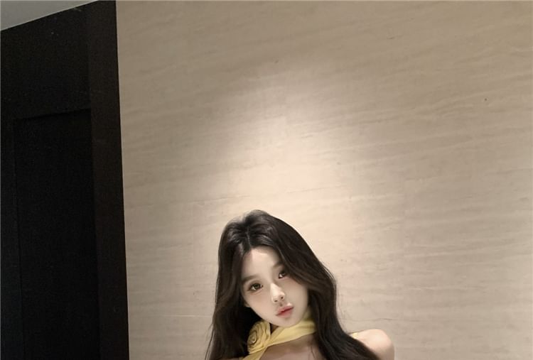 Set: Camisole Plain + Scarf Asymmetrical Hem Ruffle Crop Top V-Neck