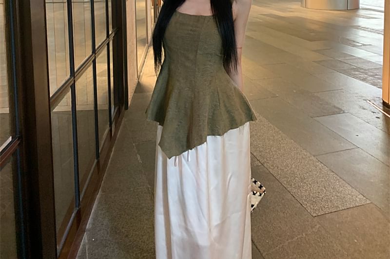 Top Asymmetrical Jacquard Frayed Neck Scoop Peplum Tank